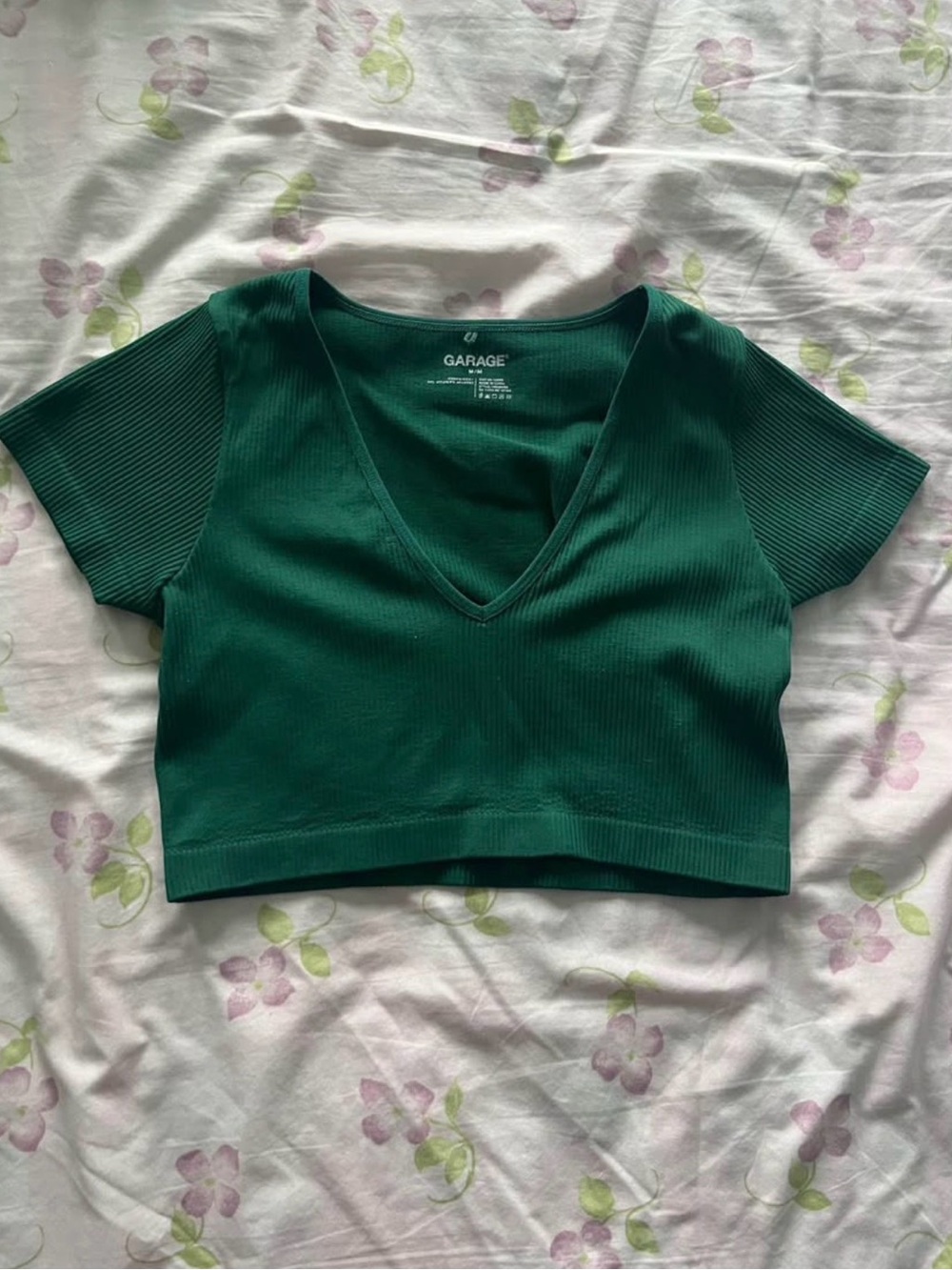 Garage Emerald Ribbed V-Neck Cropped Tee